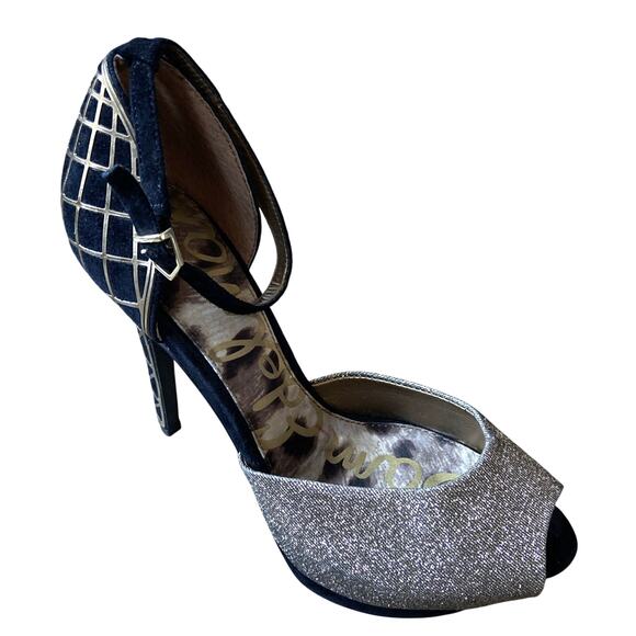 Sam Edelman Stiletto Heel Sz 7 Black Suede Gold Peep Toe Ankle Strap - Picture 1 of 14